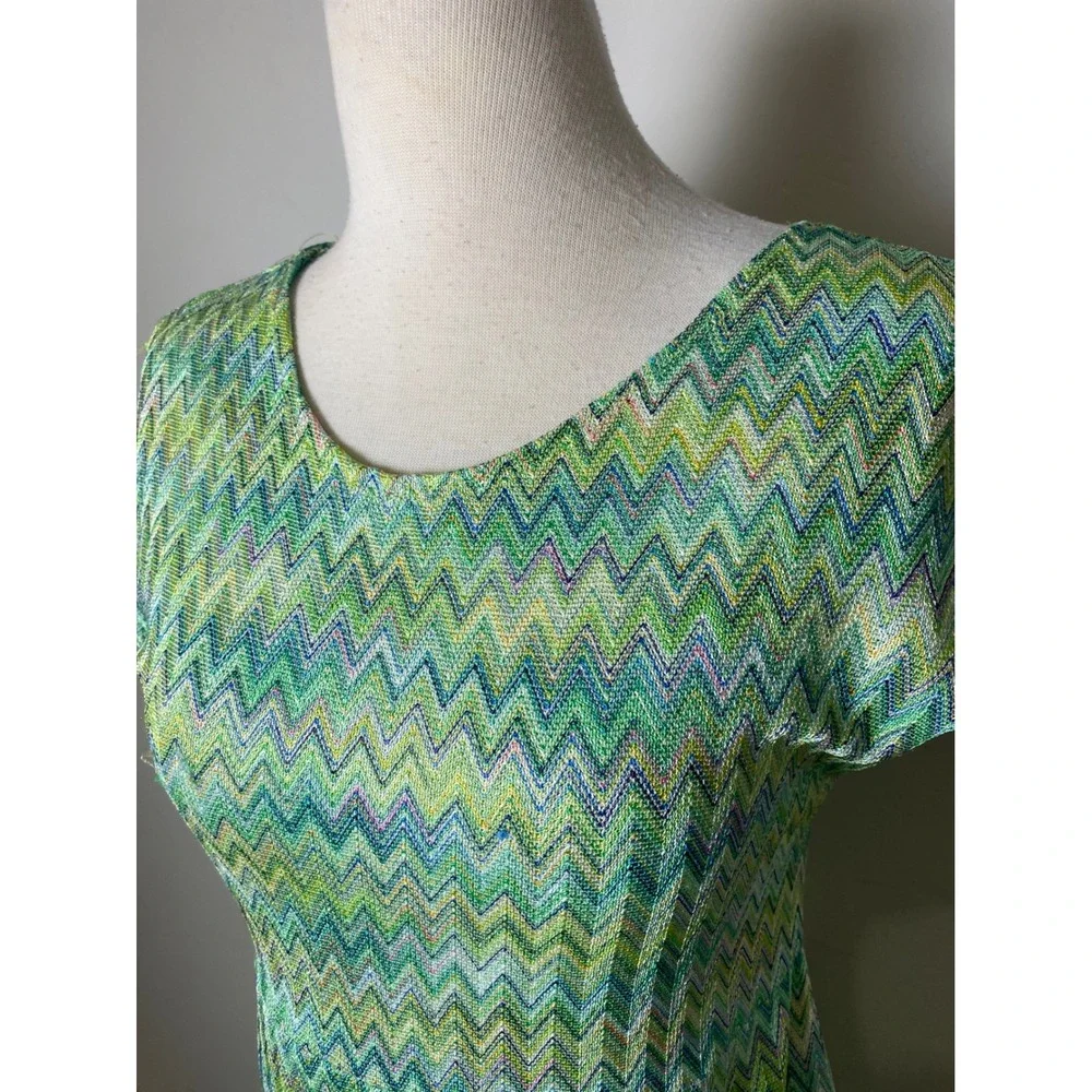 Vintage 70s Handmade Green Chevron Zigzag Knit Dress and Jacket Set Metallic